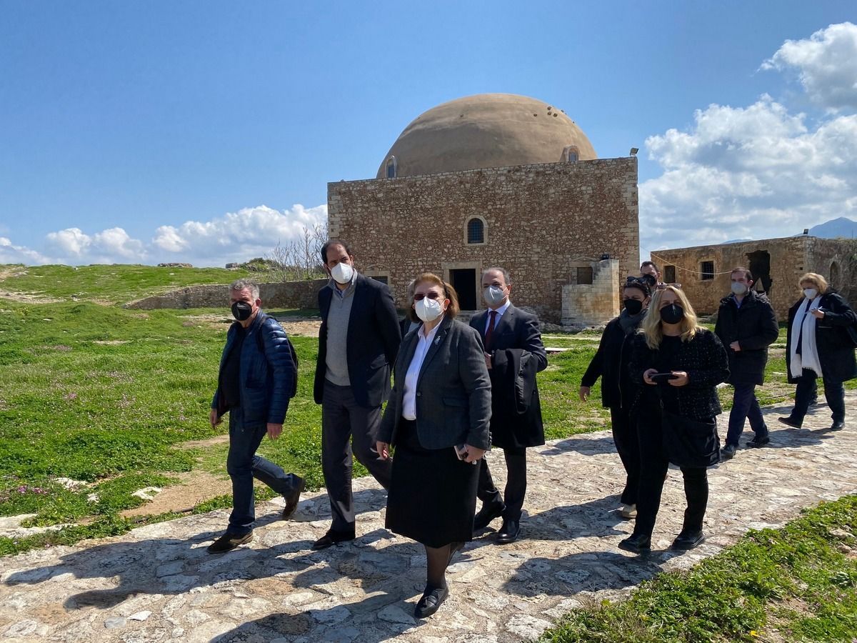 Greek Culture Minister Lina Mendoni during an inspection of the premises of the Fortezza fortress of Rethymnon.