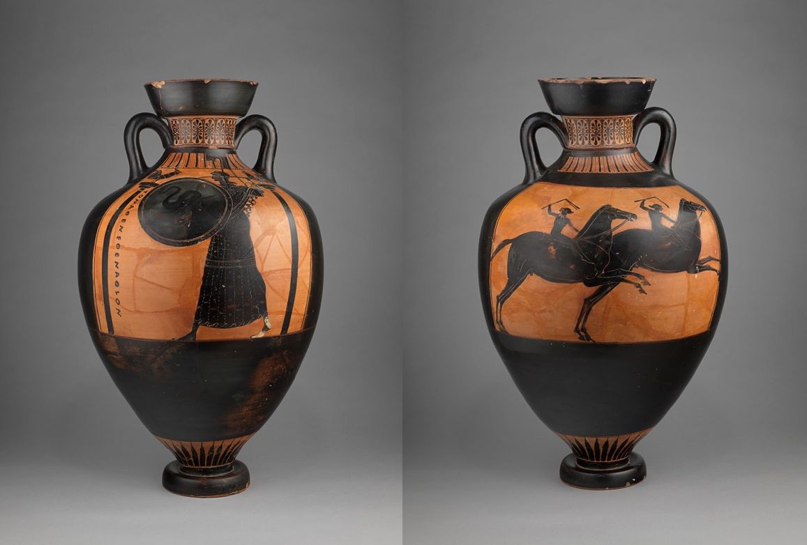 Attic black-figure Panathenaic amphora showing Athena Promachos (front) and a horse race (back); Attributed to the Eucharides painter; About 490 BC.