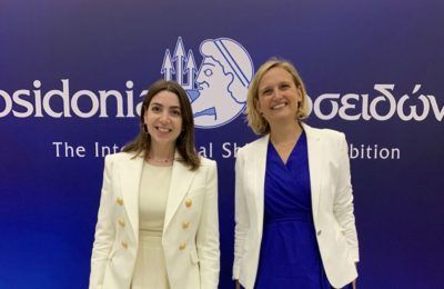 CLIA’s Maria Deligianni (National Director in the Eastern Mediterranean) and Caroline Laurent (Director General in Europe) at the Posidonia 2022 shipping expo. Photo source: CLIA