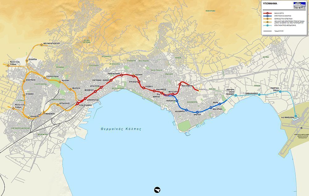 Thessaloniki Metro map (the main line is in red color).
