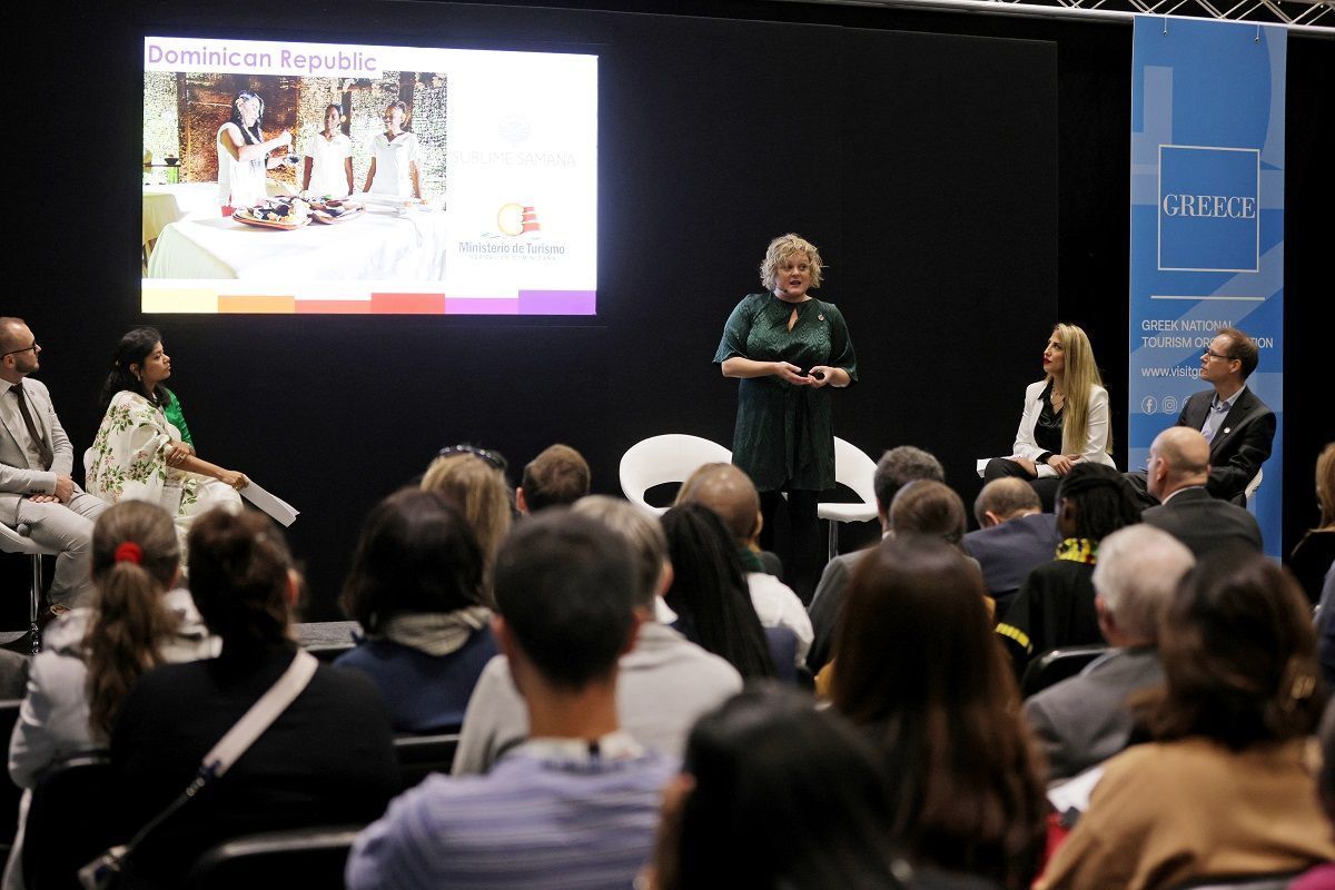 Lucy Ferguson, Lead Expert for Gender Mainstreaming Guidelines and Training speaking during the event at WTM London. Photo source: WTM London.