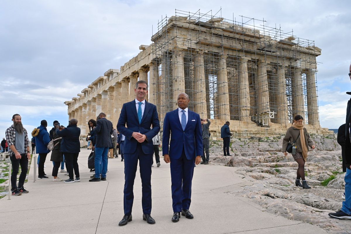 Athens Mayor Kostas Bakoyannis and New York City Mayor Eric Adams at the Acropolis monument in Athens.