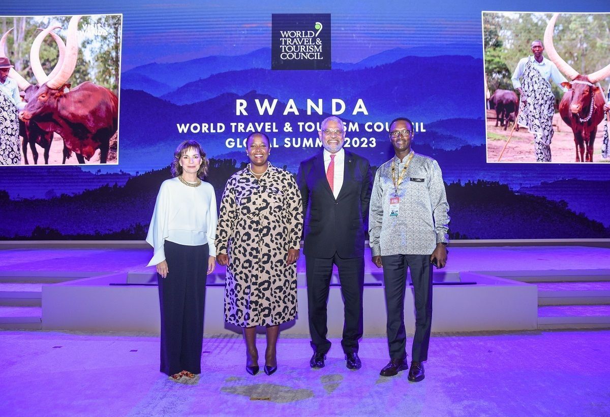 (From left): Clare Akamanzi, Chief Executive Officer of the Rwanda Development Board (RDB); Arnold Donald, Chair of the World Travel &amp; Tourism Council; Emmanuel Hategeka, Rwanda's non-resident Ambassador to Saudi Arabia. Photo source: WTTC.