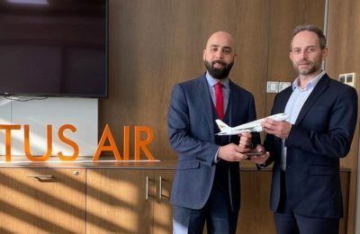 TUS Airways CEO Ahmed Aly and BBT Air Commercial Manager Konstantinos Melas. Photo source: BBT Air