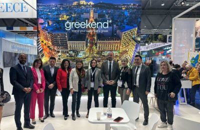 Representatives of the GNTO and Greek exhibitors at the Greek stand at the Ferien-Messe Wien exhibition. Photo source: GNTO