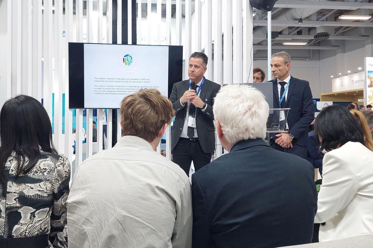 Hellenic Hoteliers Federation President Grigoris Tasios speaking at the Greek stand during an event held to promote Greece's alternative forms of tourism. Photo source: Hellenic Hoteliers Federation