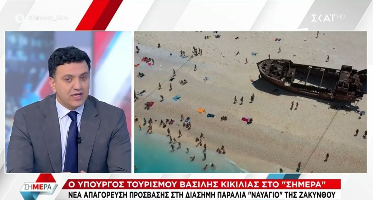 Greek Tourism Minister Vassilis Kikilias speaking on Greek TV station SKAI about the closure of Navagio Beach.