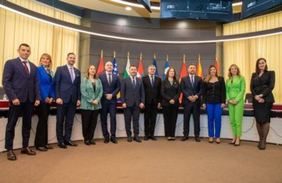 The UNWTO delegation with tourism ministers from eight countries - Albania, Bosnia and Herzegovina, Bulgaria, Croatia, Greece, Montenegro, North Macedonia and Serbia - during the FESTA forum in Tirana, Albania. Photo source: UNWTO