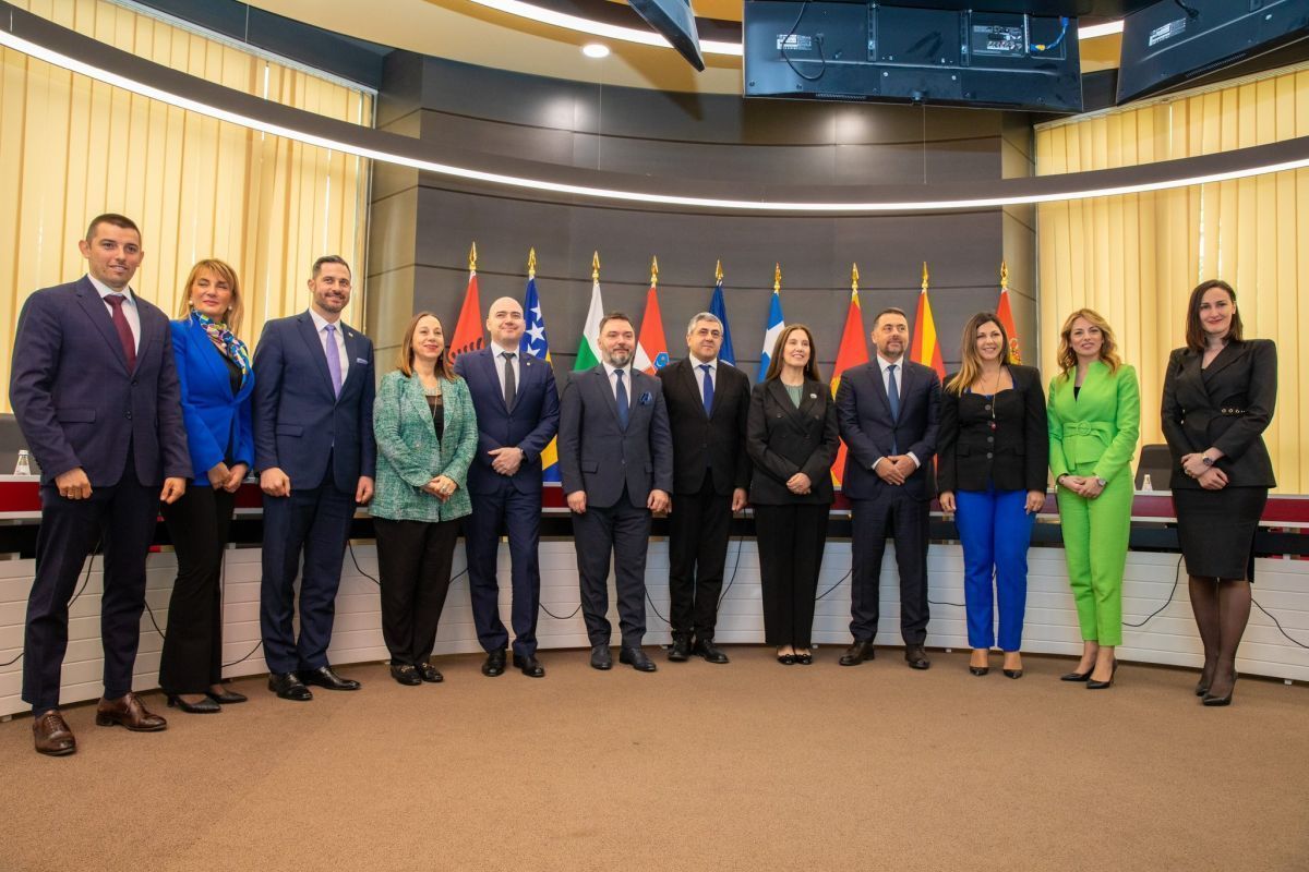 The UNWTO delegation with tourism ministers from eight countries - Albania, Bosnia and Herzegovina, Bulgaria, Croatia, Greece, Montenegro, North Macedonia and Serbia - during the FESTA forum in Tirana, Albania. Photo source: UNWTO