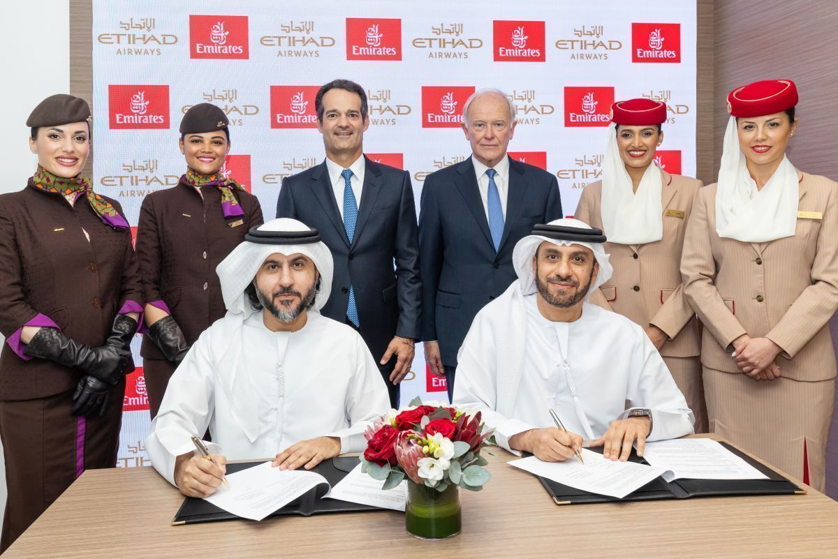 The MoU was signed at Arabian Travel Market by Adnan Kazim, Emirates’ Chief Commercial Officer, and Mohammad Al Bulooki, Chief Operating Officer, Etihad Airways, in the presence of Sir Tim Clark, President, Emirates Airline, and Antonoaldo Neves, Etihad CEO, along with other senior representatives.