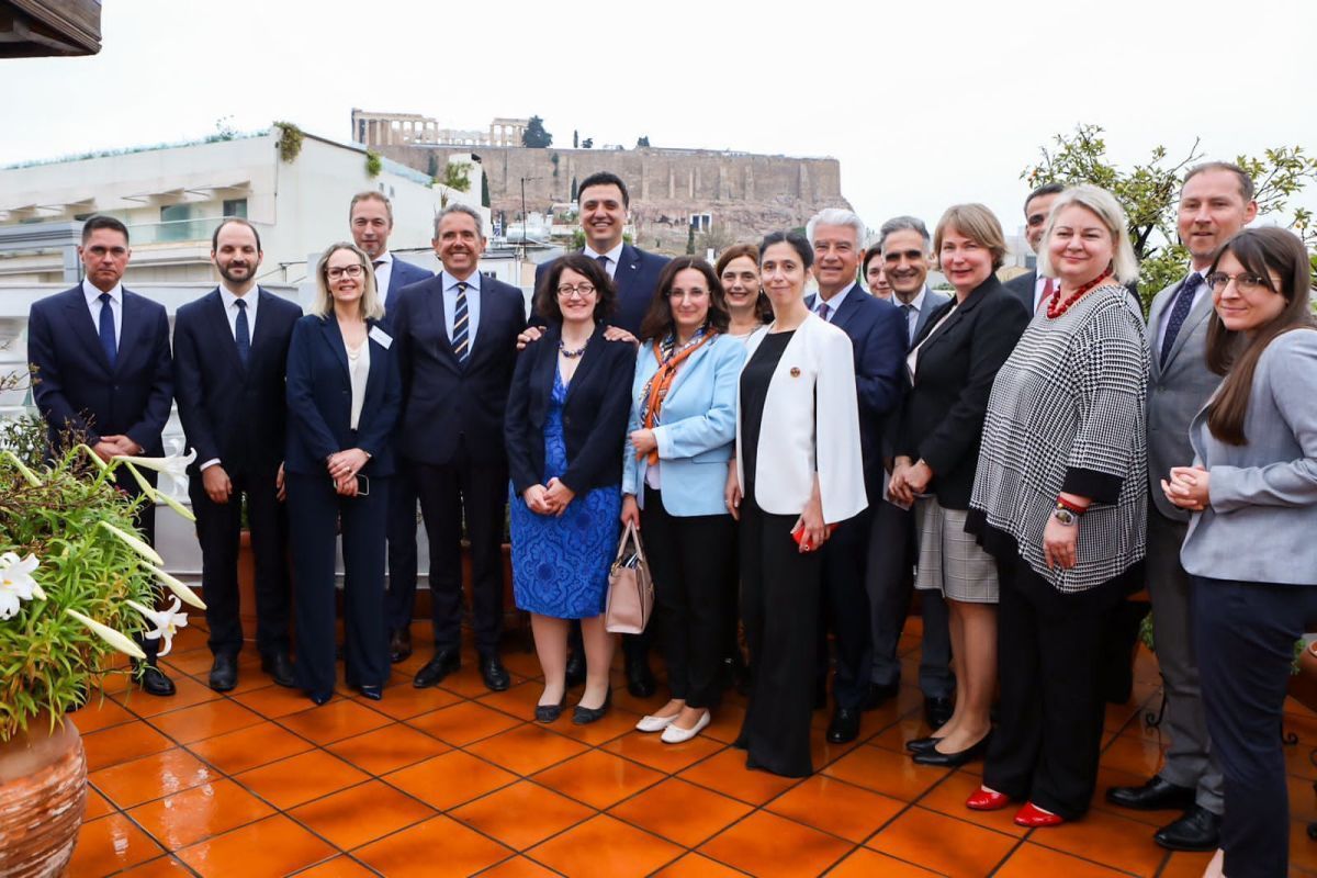 Greek Tourism Minister Vassilis Kikilias with EU ambassadors at the Swedish Institute in Athens.