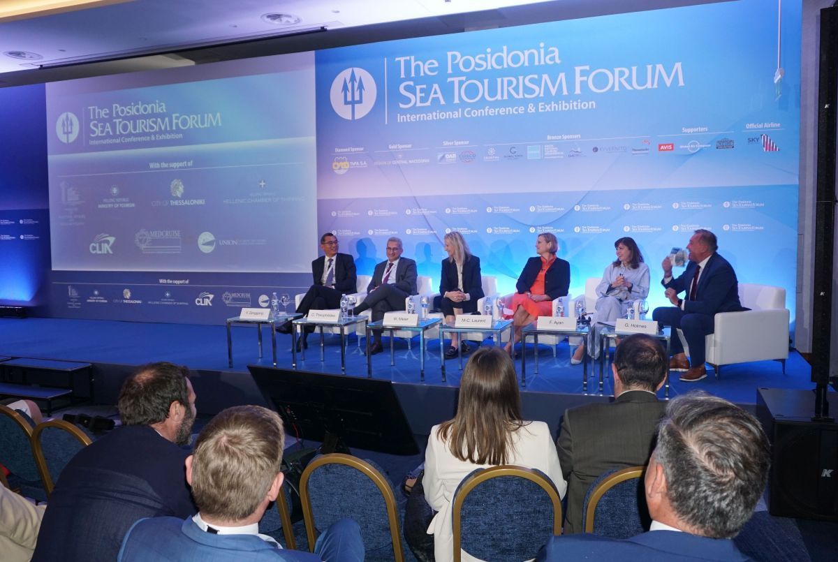 7th Posidonia Sea Tourism Forum - panel discussion. From left: Yu Zenggang, Chairman, Piraeus Port Authority SA; Chris Theophilides, CEO, Celestyal; Wybcke Meier, CEO, TUI Cruises GmbH; Marie-Caroline Laurent, Director General, Cruise Lines International Association (CLIA) Europe; and Figen Ayan, President, MedCruise. Photo © Greek Travel Pages (GTP)