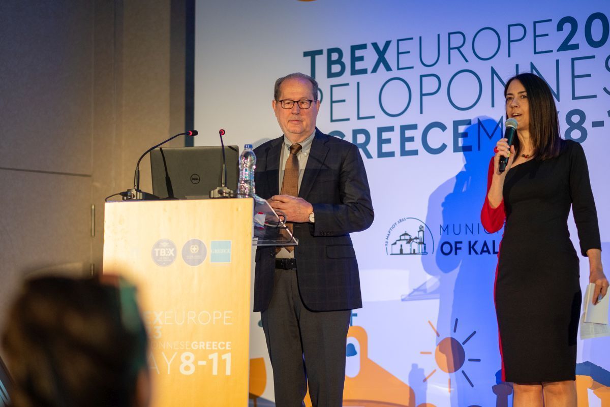 Peloponnese Regional Governor Panagiotis Nikas speaking at the TBEX Europe 2023 conference. Photo source: Region of Peloponnese