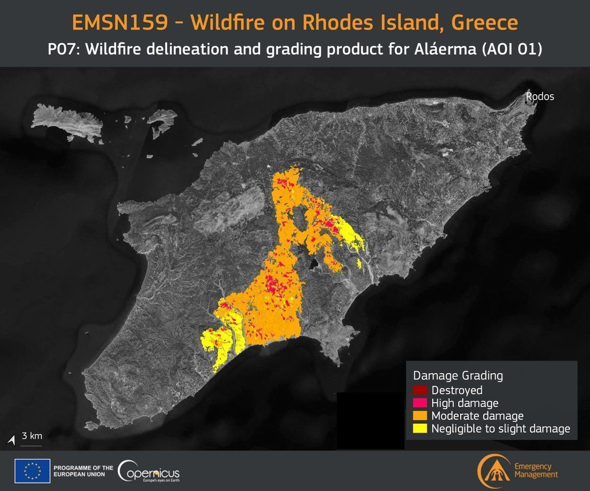 The Copernicus Emergency Management Service delivered a post-disaster assessment of the wildfire that affected Rhodes in July. According to the map released by Copernicus, 83 percent of the total burnt area showed moderate to high damage. Source: Copernicus