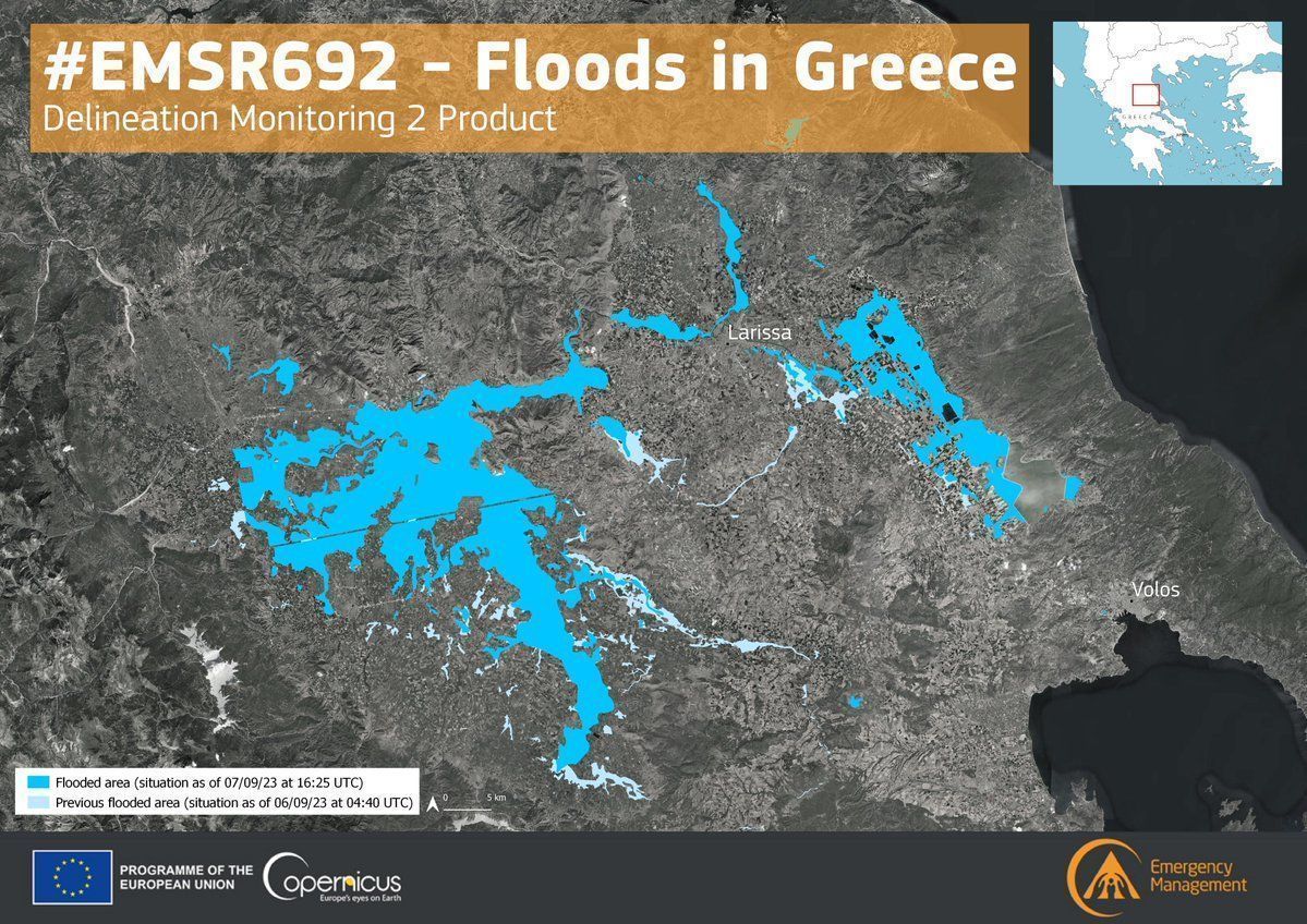 Updated map of floods in Greece by Copernicus - Friday, September 8. A total flooded area of 72,950 ha was detected. Photo source: Copernicus EMS