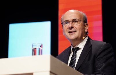 Greek National Economy and Finance Minister Kostis Hatzidakis speaking during the 24th Prodexpo conference in Athens.