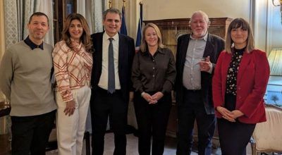 From left: Simon Karythis, CEO Ionian Environment Foundation; Eleni Skarveli, GNTO UK & Ireland Office Director; Claire Shields, country operations manager at Sunsail; Rod Heikell, writer; and Christine Archer, the writer of the guide. Photo source: GNTO