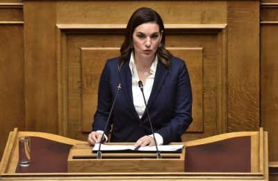 Greek Tourism Minister Olga Kefalogianni speaking during a parliament plenary session. Photo source: Tourism Ministry