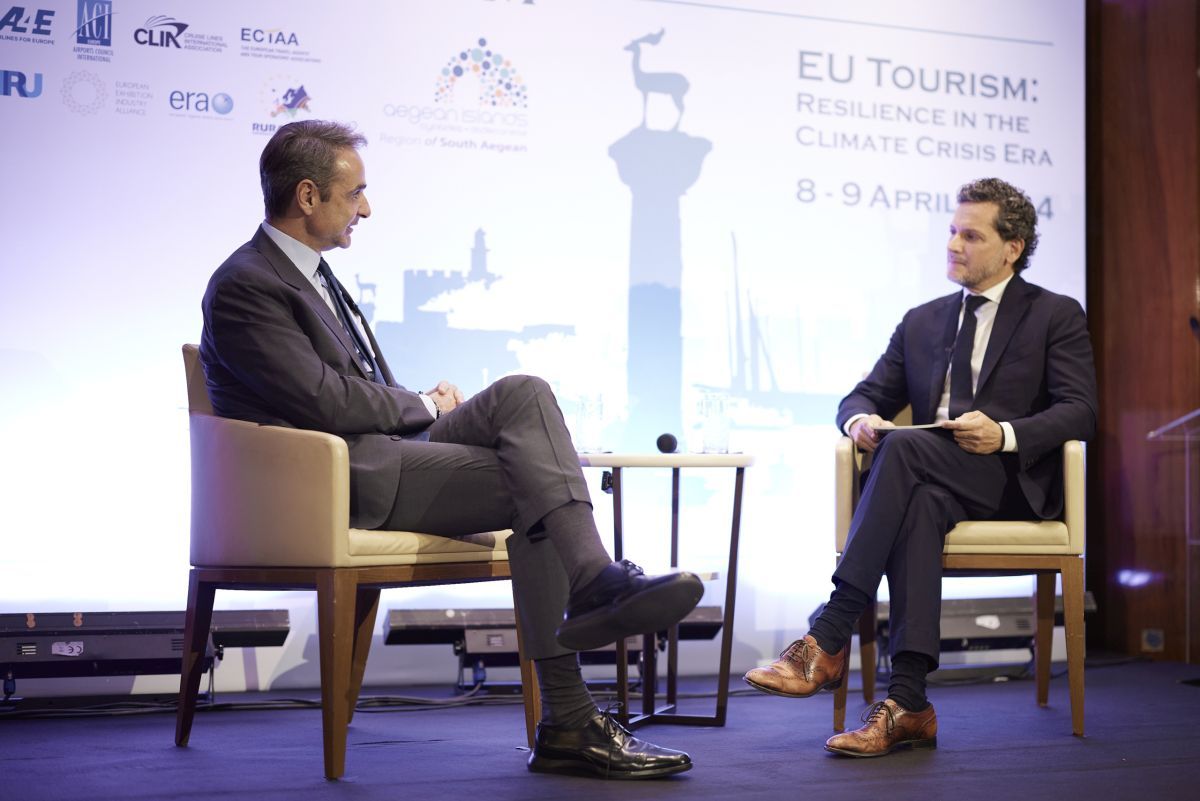 Greek Prime Minister Kyriakos Mitsotakis speaking at the “EU Tourism: Resilience in the Era of the Climate Crisis” forum.