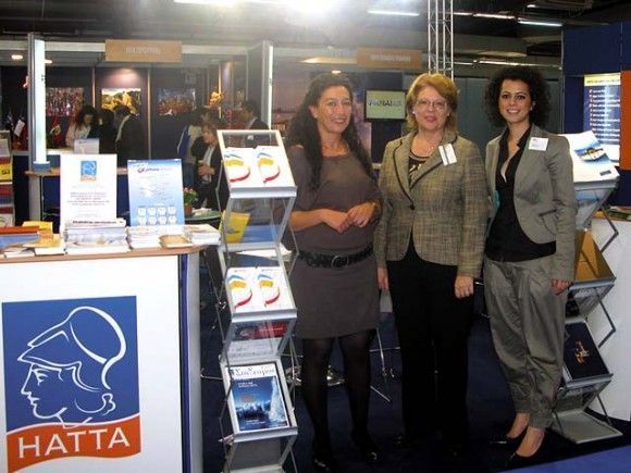 Tatianna Filippa of HATTA, with Lydia Mastronikoli and Dora Sgartsou of HAPCO at the common stand of the two associations.