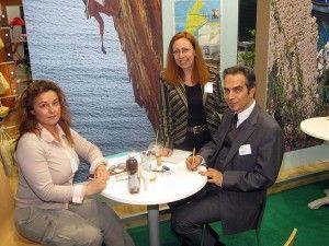 Mary Papadopoulou (Fivos Tours) with Evdokia Vouvali and Nikolaos Papadopoulos (Kalymnos Municipality) at the stand of the Prefecture of the Dodekanissos who informed visitors of the island group's alternative forms of tourism.