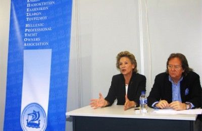 Maria Zacharitsa, assistant secretary of the Hellenic Professional Yacht Owners Association, and Antonis Stelliatos, the association's president. 