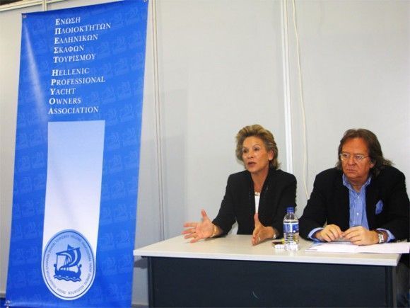 Maria Zacharitsa, assistant secretary of the Hellenic Professional Yacht Owners Association, and Antonis Stelliatos, the association's president. "Tourism contributes 18 percent to Greece's gross domestic product…some four percent comes from yachting," Ms. Zacharitsa underlined while speaking of the lack of support the industry receives from the state.