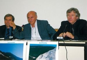 Yiannis Kartanis, prefect advisor and president of the Lefkada Hotelier Association; Yiorgos Logothetis, mayor of the Apollonion municipality; and Yiorgos Kourtis, president of the Local Union of Municipalities of Lefkada. At the press conference it was announced that the Municipality of Apollonion on Lefkada would be honored with the "Gold Quality Management" award in Madrid at the 34th International Tourism, Hotel Unit and Catering Industry awards ceremony on 28 January 2009, within the framework of the International Tourism Trade Fair Fitur in Madrid.