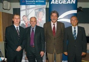 Brussels Airlines Vice President of Communications, Geert Sciot (left), referred to Lufthansa which in September 2008 bought 45 percent of the Belgian airline: "Once approved by the European Commission, Lufthansa will be able to buy Brussels Airlines as of 2011 and onwards." To the right are: Giovanni Matassa, commercial director of Aegean Airlines; John Platanias, sales manager of Brussels Airlines in Greece; and Dimitris Gerogiannis, CEO of Aegean Airlines.
