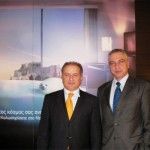 Evripides Tzikas, general manager of Novotel Athenes and George Stavrou, country commercial director for the Accor group in Greece, at the refurbished lobby of the hotel.