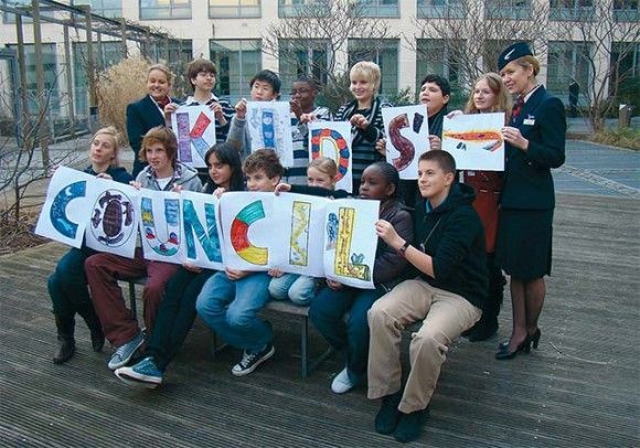 Gerasimos Kavalieratos (standing, third from right) with the other 12 children that make up British Airway's Kids' Council, outside the airline's headquarters in Waterside, London. Representatives in the council also include children from Britain, Hong Kong, Uganda, Mexico, South Africa and Kenya.
