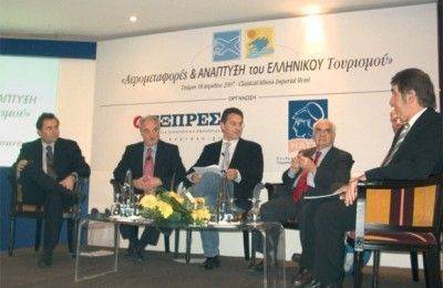 One of the panels at the airline conference included: Eftichios Vassilakis, vice chairman of Aegean Airlines; Yiannis Evangelou, president of the Hellenic Association of Travel and Tourist Agencies; the panels moderator; and Nikos Skoulas, chairman of Trinity International School for Tourism Management and former Greek tourism minister and chairman of the Greek National Tourism Organization.