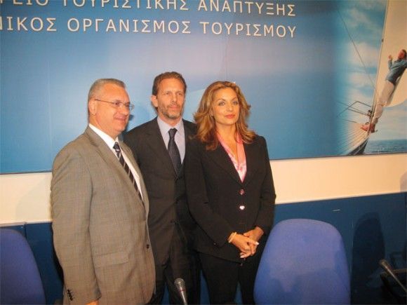 Outgoing Tourism Minister Kostas Markopoulos with new Culture and Tourism Minister Pavlos Geroulanos and Deputy Minister Angela Gerekou.