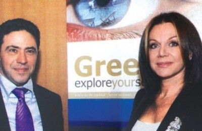 Makis Seriatos, president of Ashley Worldgroup Southeastern Europe; and Agapi Vardinogianni, president of Karamella, during the recent unveiling of Greece's new advertising program abroad.