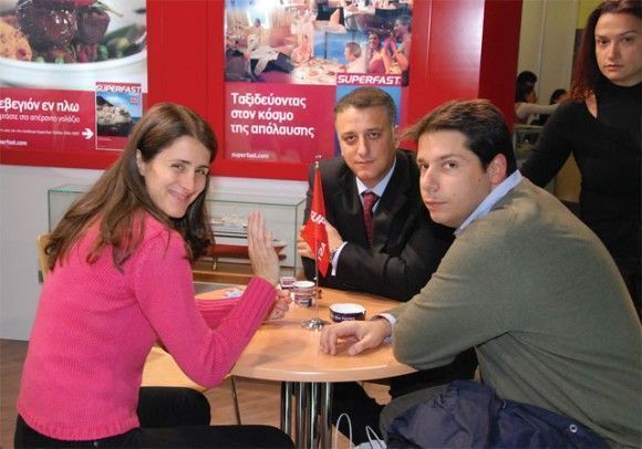 Blue Star's commercial director, Dionyssis Theodoratos (center) with GTP's Editor Maria Theofanopoulou, and Philippos Kitsopoulos, operations manager for Danae Travel. Blue Star Ferries was voted "Passenger Line of the Year 2006" at Lloyd's List Greek Shipping Awards.