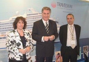 Travelway's Anna Polychronaki, cruise and sales executive, with Spyros Hambas, chief executive officer, and Leo Abu-Dahar, sales and marketing executive. Travelway, the general representative for Costa Crociere cruises in Greece, organized a reception and tour aboard the brand new Costa Concordia.