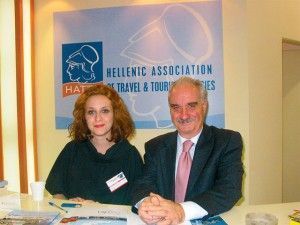 Ismini Papadopoulou, private secretary and Yiannis Evangelou, president of HATTA, who expressed his satisfaction for the events organized by the association at Philoxenia and the awards held to honor travel agency brochures.