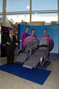 General manager of Thai Airways, Suhagun Divaveja, presents the airline’s business class seats.