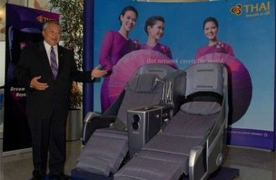 General manager of Thai Airways, Suhagun Divaveja, presents the airline’s business class seats.