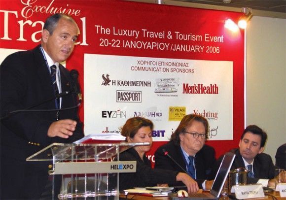 Christos Nikolaidis, chairman of the organizing committee for Exclusive Travel, introduces one of the panels during the fair's conference on extending Greece's tourism season.