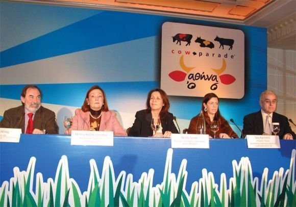 Takis Meletis, vice president of Goldair; Betty Kazakopoulou, managing director of Asset Ogilivy; Nitsa Loule, president of the City of Athens Culture Organization; Iris Kritikou, coordinator of CowParade Athens 2006; Ioannis Papadatos, president of Together with Children.