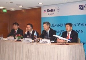 Dimitri Karagioules, Delta's commercial director for Greece and Cyprus, at the press conference with Loren Neuenschwander, Delta's managing director Atlantic Region; Dr. Yiannis Paraschis, deputy CEO of Athens International Airport; and Giorgos Karamanos, manager of communications and marketing.