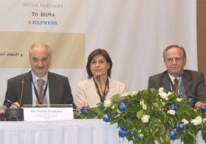 Tourism session moderator, Yiannis Evangelou, president of the Hellenic Association of Travel and Tourism Agencies, with Evangelia Maslarinou, chief commercial officer of Olympic Airlines, and Makis Fokas, president of the Hellenic Chamber of Hotels.