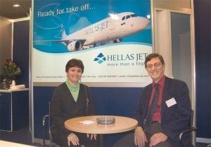 Nikos Spyridakis, commercial director for Hellas Jet with his spouse, Christina. The company, now fully owned by Dimitrios Marantos of AirMiles, intends to begin scheduled flights to Western European destinations as of May first.