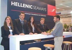 A strong staff was on hand at the Hellenic Seaways stand this year. From the left: Katerina Platsa; Stathis Vraxnos, the line's sales representative; Ioanna Kontarini, the company's marketing and advertising manager; Ilias Bekaris, Hellenic's sales coordinator; and their man outside the counter is the company's port coordinator, Vangelis Karnesis.