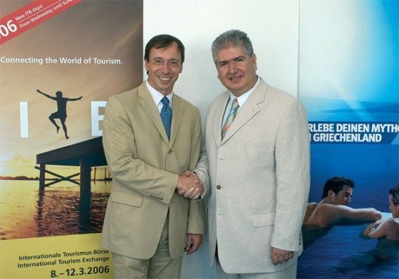 Dr. Martin Buck, director of travel and logistics at Messe Berlin's Competence Center, with Panagiotis Skordas, director of the Hellenic Tourism Organization in Germany.