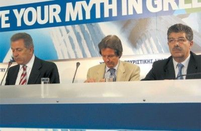 Greece's newly-appointed secretary general of the Hellenic Tourism Organization, Georgos Foteinopoulos (right), with Tourism Development Minister Dimitris Avrampopoulos and Hellenic Tourism Organization President Aristidis Kalogeropoulos.