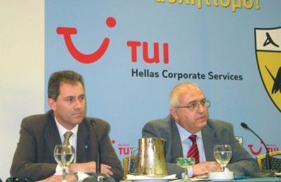 George Chrissanthakopoulos, sales manager for TUI Hellas and Christos Constantinidis, director of corporate services for TUI Hellas, announce new sports-related tourism agreement.