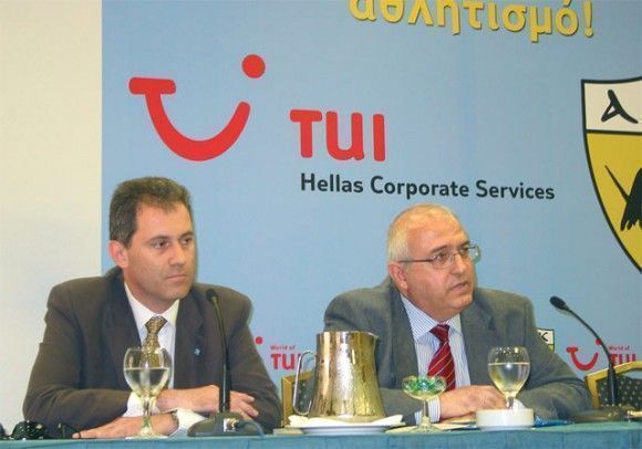 George Chrissanthakopoulos, sales manager for TUI Hellas and Christos Constantinidis, director of corporate services for TUI Hellas, announce new sports-related tourism agreement.