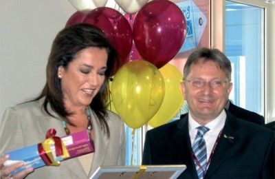 Athens Mayor Dora Bakoyannis and Dr. Andreas Bierwirth, Managing Director of Germanwings during the christening of the new Germanwings aircraft.